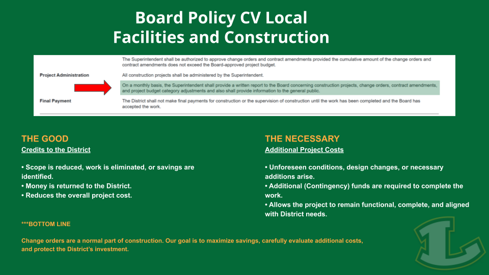 Board Policy CV Local facilities and construction change-order reporting slide.
