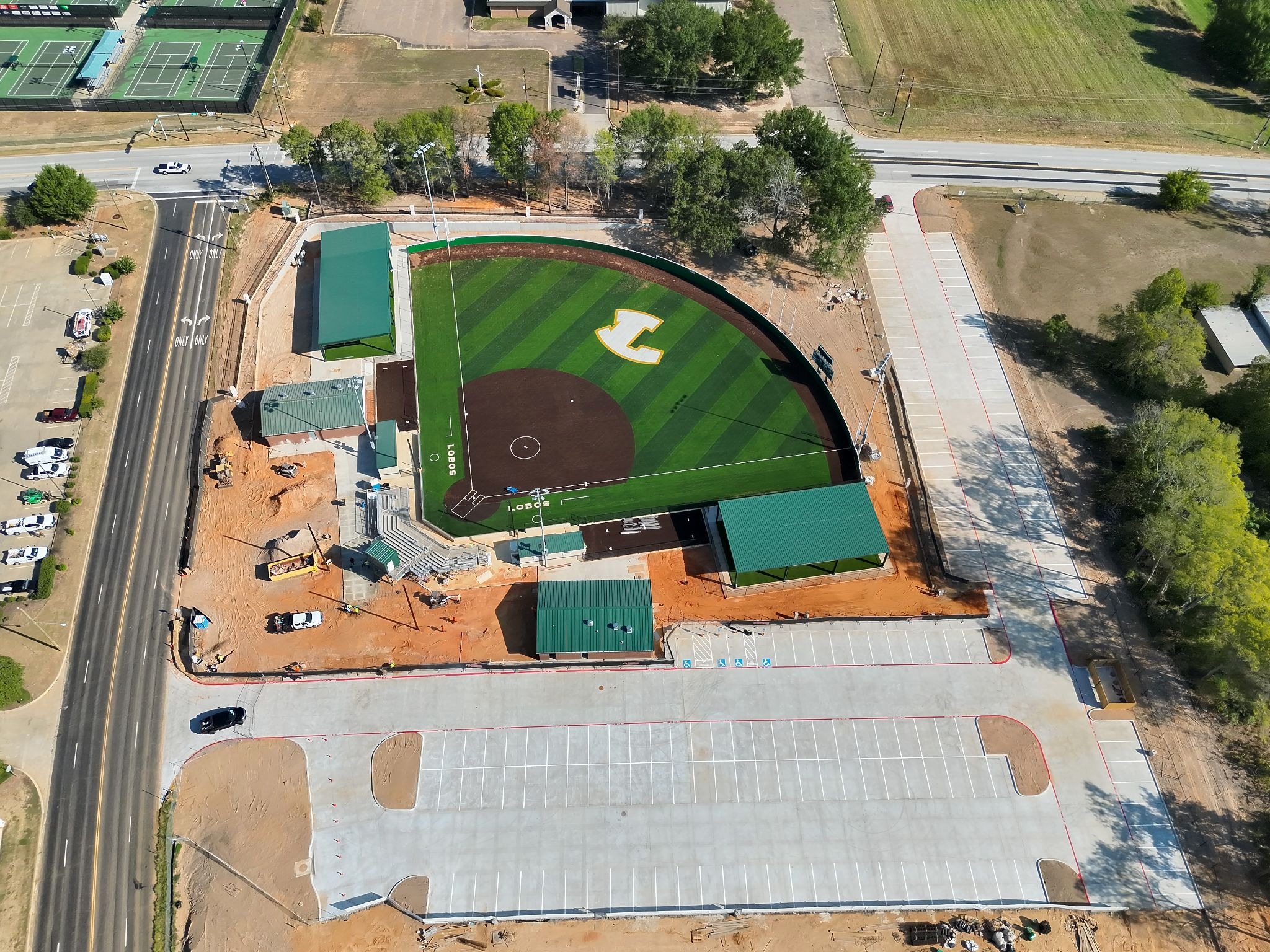 Aerial view of the Lady Lobo Softball Complex and surrounding site work.